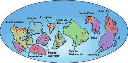 Figura 9. A xeografía da Terra Branca. Todos os continentes estaban próximos ao ecuador e case todos teñen depósitos glaciares (puntos de cor).