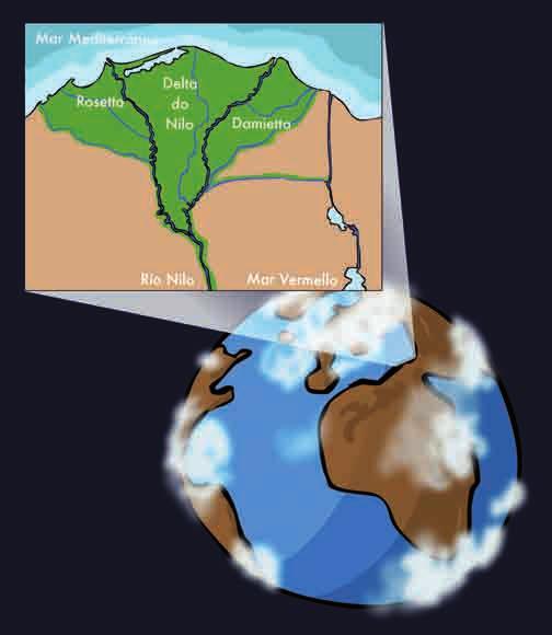 Figura 23. O delta do Nilo. Distínguense os dous brazos principais, o de Damietta á esquerda e o de Rosetta á dereita.