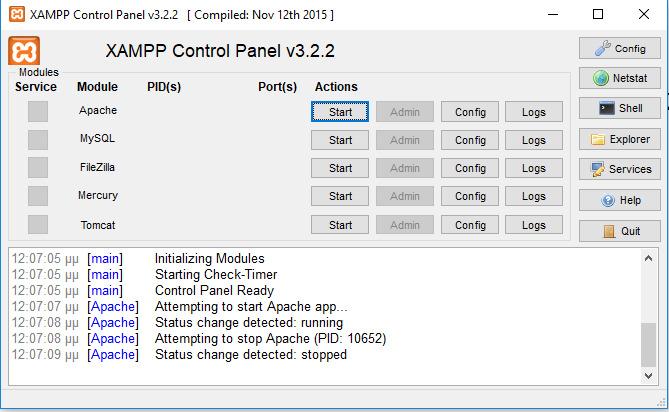 Εικόνα 13 Xampp Control Panel Για να εκκινήσει τώρα ο apache server και η MySQL θα πρέπει να κάνουµε κλικ στα κουµπιά start, θα πρέπει να πρασινίσουν και να