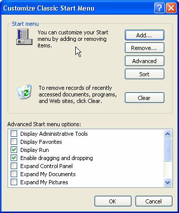 26 cho phép thực hiện một số thay đổi cho Menu Start. Nút Add: thêm một biểu tượng chương trình (Shortcut) vào menu Start.