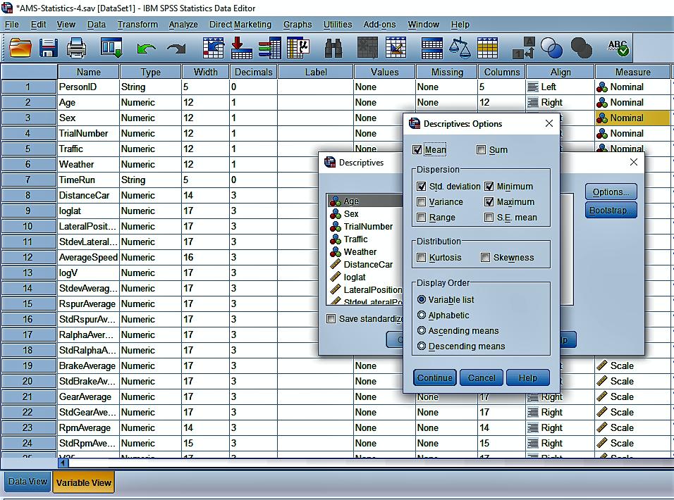 Variables>Options (εικόνες 4.27, 4.28) Εικόνα 4.27:Εντολή Descriptives Εικόνα 4.