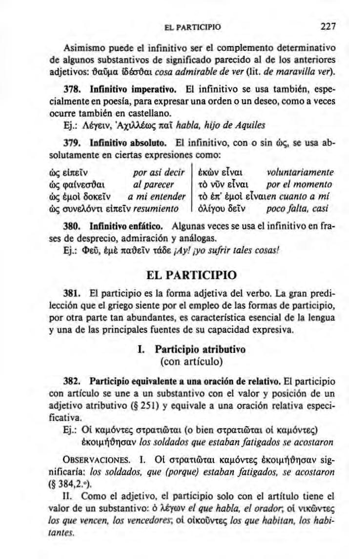 EL PARTICIPIO 227 Asimismo puede el infinitivo ser el complemento determinativo de algunos substantivos de significado parecido al de los anteriores adjetivos; βαομα isémjai cosa admirable de ver