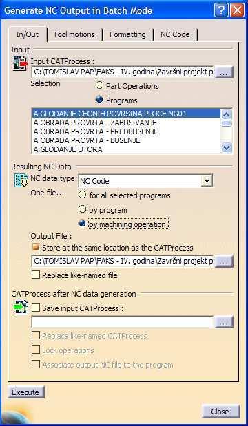 Na sljedećoj slici prikazan je mod za generiranje NC koda s podešenjima za svaki postupak obrade posebno. Generiranje započinje klikom na naredbu ''Execute''. Slika 57.