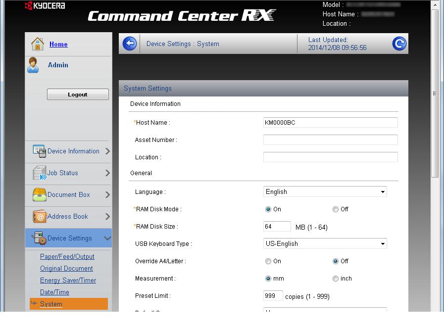 Εγκατάσταση και ρυθμίσεις του μηχανήματος > Command Center RX Αλλαγή των πληροφοριών συσκευής 1 Εμφανίστε την οθόνη. 1 Εκκινήστε το πρόγραμμα περιήγησης ίντερνετ (browser) σας.