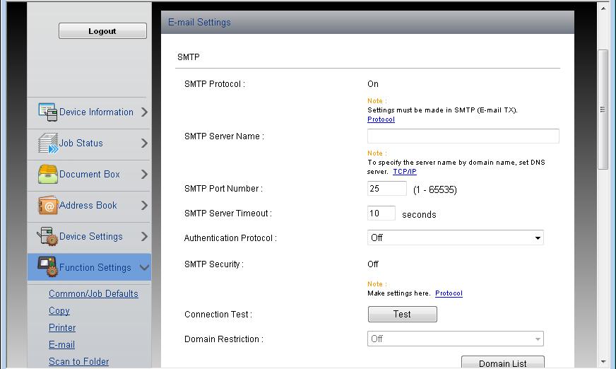Ορίστε το "SMTP (E-mail TX)" σε [On] στο "Send Protocols".