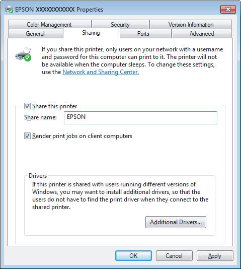 Εκτύπωση Αν επιθυμείτε την αυτόματη λήψη των προγραμμάτων οδήγησης του εκτυπωτή για υπολογιστές που εκτελούν διαφορετικές εκδόσεις των Windows, επιλέξτε Additional Drivers (Επιπρόσθετα προγράμματα