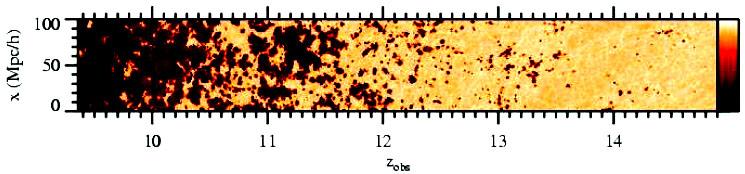 2. REIONIZACIJSKA FAZA SVEMIRA 9 Slika 2.2: Razvoj vodikove reionizacije u ovisnosti o crvenom pomaku z, dobiven numeričkim simulacijama (Barkana 2006) Lyman Limit) i Lyman prigušene 4 (eng.
