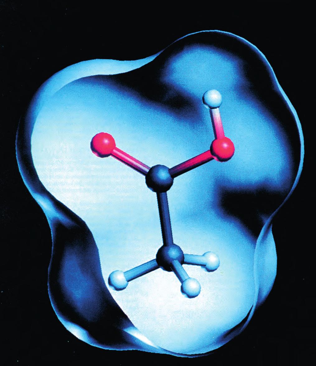 Μοριακό μοντέλο αιθανικού οξέος ( COOH), όπως προκύπτει από υπολογιστή και το οποίο δείχνει την επιφάνεια του μορίου.