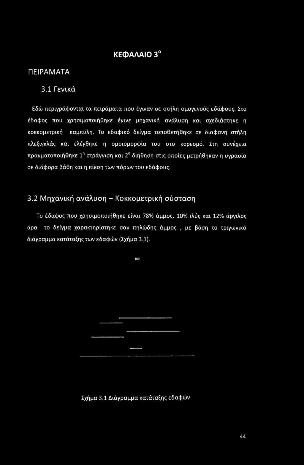 ΚΕΦΑΛΑΙΟ 3 ΠΕΙΡΑΜΑΤΑ 3.1 Γενικά Εδώ περιγράφονται τα πειράματα που έγιναν σε στήλη ομογενούς εδάφους. Στο έδαφος που χρησιμοποιήθηκε έγινε μηχανική ανάλυση και σχεδιάστηκε η κοκκομετρική καμπύλη.