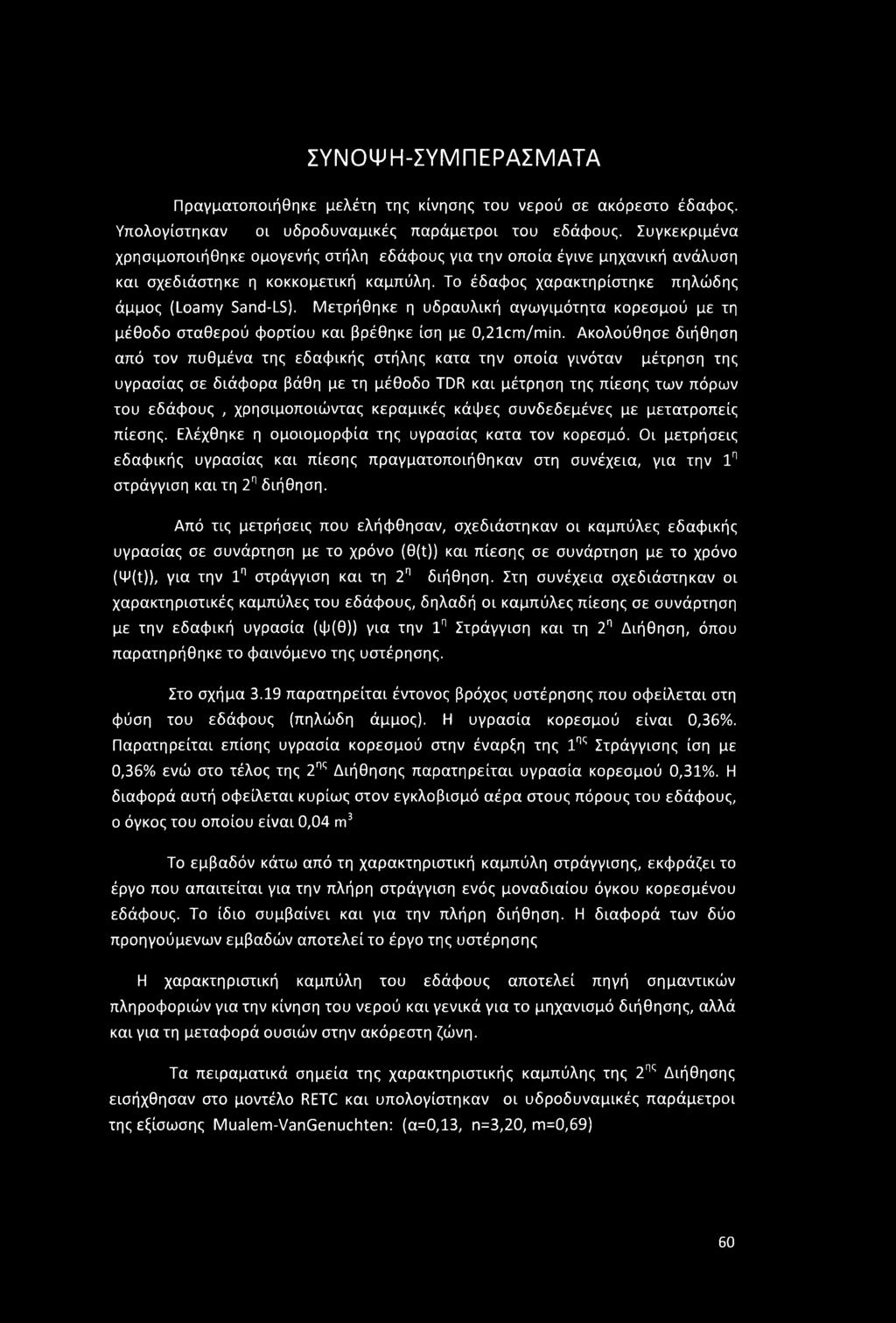Μετρήθηκε η υδραυλική αγωγιμότητα κορεσμού με τη μέθοδο σταθερού φορτίου και βρέθηκε ίση με 0,21cm/min.