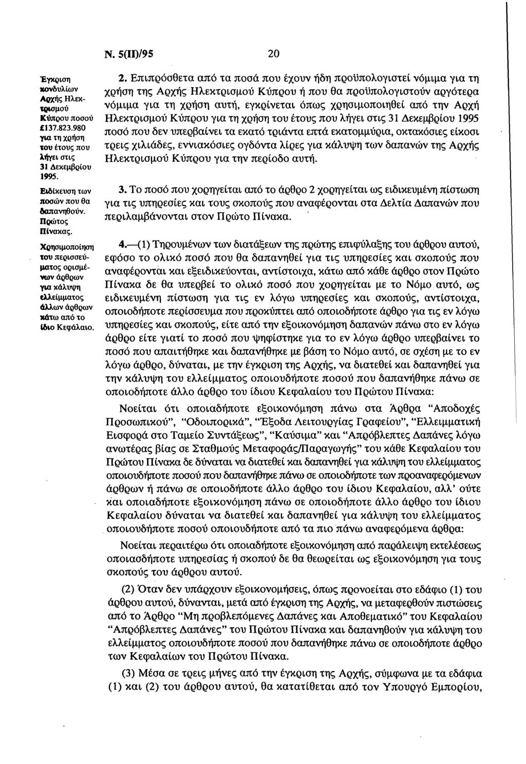 Ν. 5(ΙΙ)/95 2 Έγκριση κνδυλίν Αρής λεκτιμύ Κύπρυ πσύ 17.82.98 γι τη ρήση τυ έτυς πυ λήγει στις 1 Δεκεμβρίυ 1995. Ειδίκευση τν πσών πυ θ δπνηθύν. Πρώτς Πίνκς.