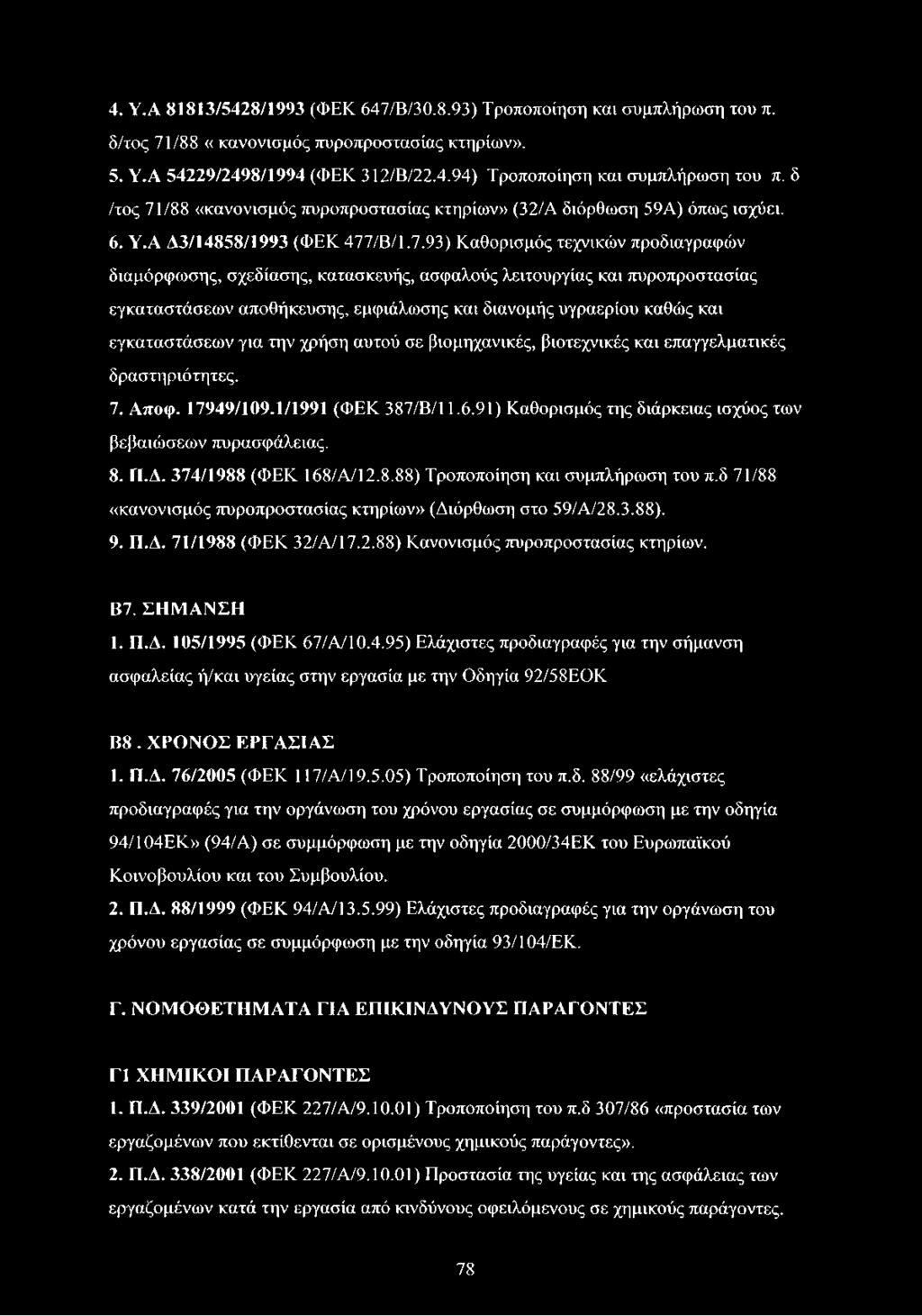/88 «κανονισμός πυροπροστασίας κτηρίων» (32/Α διόρθωση 59Α) όπως ισχύει. 6. Υ.Α Δ3/14858/1993 (ΦΕΚ 477