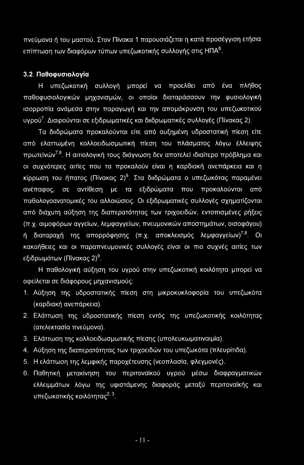 υπεζωκοτικού υγρού7. Διαιρούνται σε εξιδρωματικές και διιδρωματικές συλλογές (Πίνακας 2).