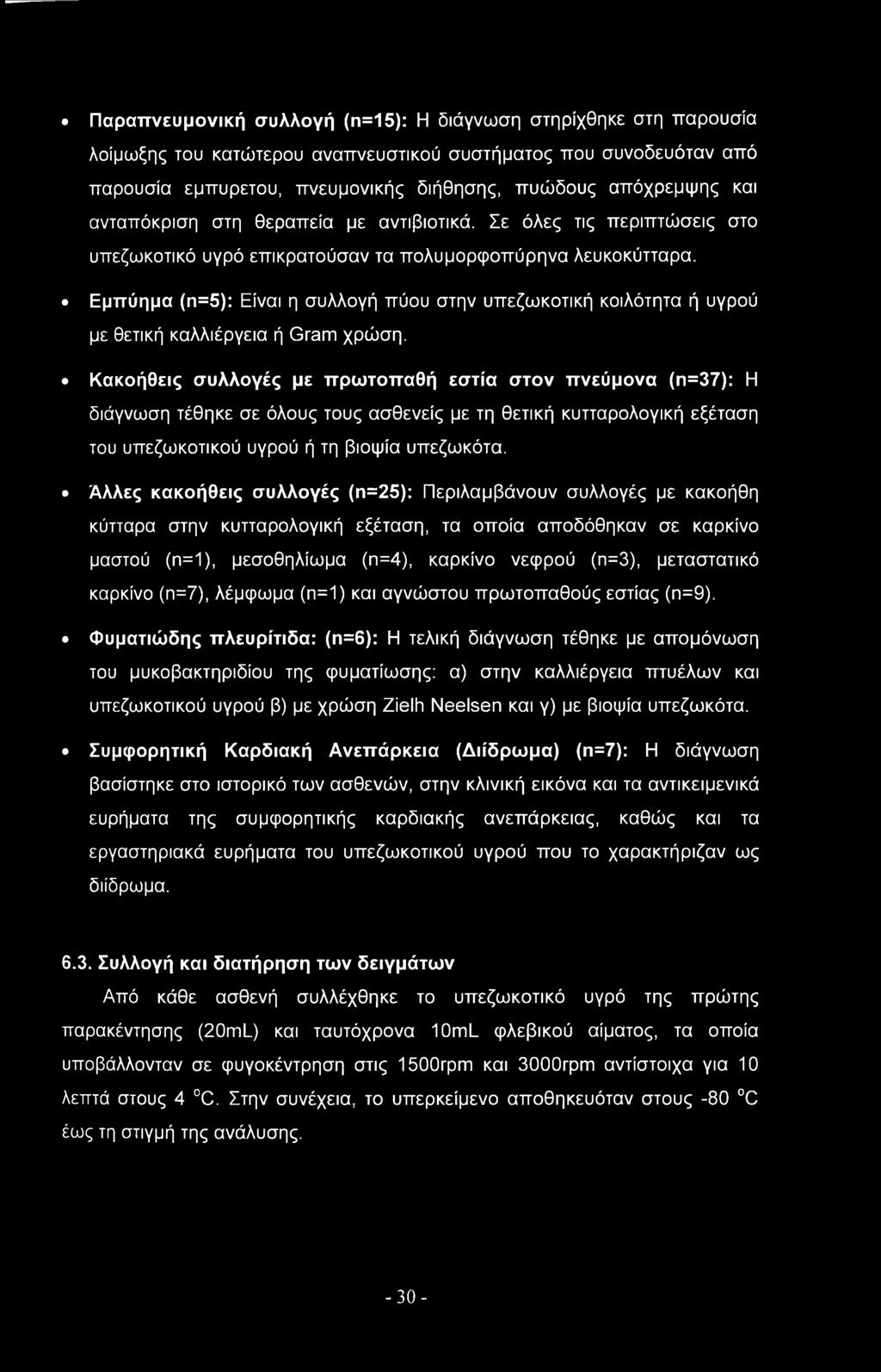 Εμπύημα (η=5): Είναι η συλλογή πύου στην υπεζωκοτική κοιλότητα ή υγρού με θετική καλλιέργεια ή Gram χρώση.