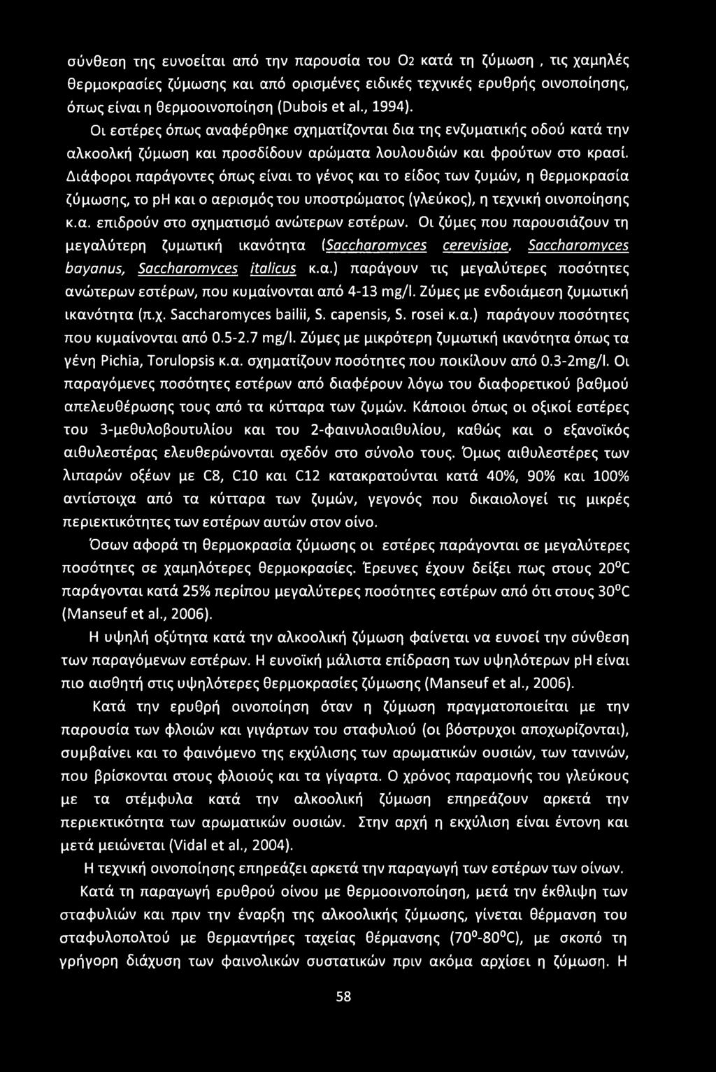 σύνθεση της ευνοείται από την παρουσία του 02 κατά τη ζύμωση, τις χαμηλές θερμοκρασίες ζύμωσης και από ορισμένες ειδικές τεχνικές ερυθρής οινοποίησης, όπως είναι η θερμοοινοποίηση (Dubois et al.