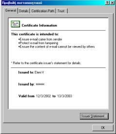 Παράδειγμα προβολής πιστοποιητικού Ένδειξη ψηφιακής υπογραφής σε μήνυμα με πιστοποιητικό Ένα πιστοποιητικό εφόσον διαπιστωθεί ή υπάρχει υπόνοια ότι για κάποιους