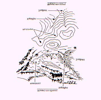 Σηµειώσεις «Τοπογραφίας» παρουσιάζεται στα διαγράµµατα µε µορφή ισοϋψών καµπυλών σε σχήµα «V» και τα χαµηλότερα σηµεία συνδέονται µε διακεκοµµένη γραµµή και ονοµάζονται άγκη. 3.