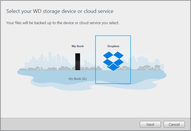 Ανοίξτε το παράθυρο διαλόγου Select your WD storage device or cloud service (Επιλέξτε συσκευή αποθήκευσης WD ή υπηρεσία νέφους) κάνοντας κλικ σε ένα από τα εξής: Add Backup Plan (Προσθήκη σχεδίου