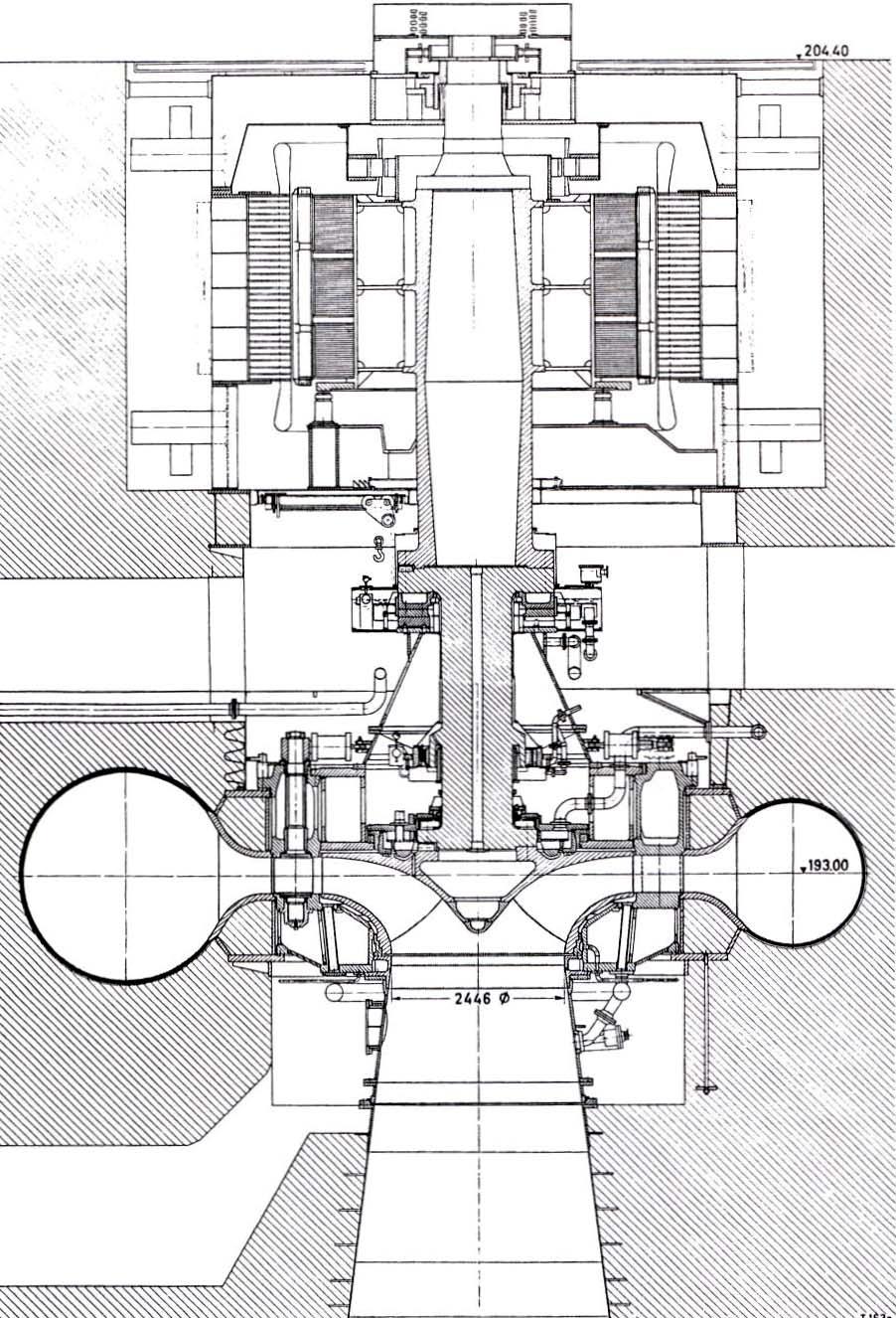 Σχήμα 2.2-3: Αναστρέψιμη υδροηλεκτρική μονάδα ΥΗΕ Vianden, κατ. VOITH (1969). Περιοχή λειτουργίας ως αντλίας: Q=74,1-63,6 m 3 /s, Η=271-294 mσυ, n=333,3 RPM, N=215-22,5 ΜW.