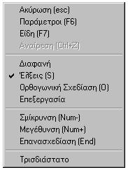 Εγχειρίδιο χειρισµού 27 εξί κλικ στο χώρο εργασίας Το δεξί πλήκτρο του mouse, όταν ενεργοποιείται µέσα στην περιοχή σχεδίασης, εµφανίζει λίστα (menu) µε τις εξής επιλογές: Εικόνα 2.