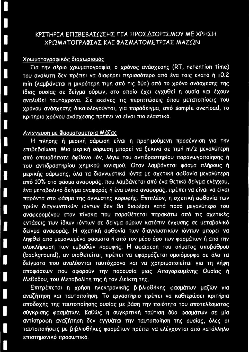 2 min (λαμβάνεται η μικρότερη τιμή από τις δύο) από το χρόνο ανάσχεσης της ίδιας ουσίας σε δείγμα ούρων, στο οποίο έχει εγχυθεί η ουσία και έχουν αναλυθεί ταυτόχρονα.