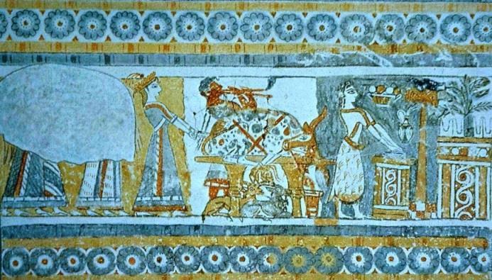 Κρασανάκη) 13 Μινωική τελετή θυσίας με μουσικό να παίζει 7χορδη κιθάρα και Μινωίτες και Μινωίτισες να φορούν εντυπωσιακές φορεσιές, με κοντομάνικο ζιπούνια (ζακέτες, πανωκόρμια), μακρές φούστες κλπ (