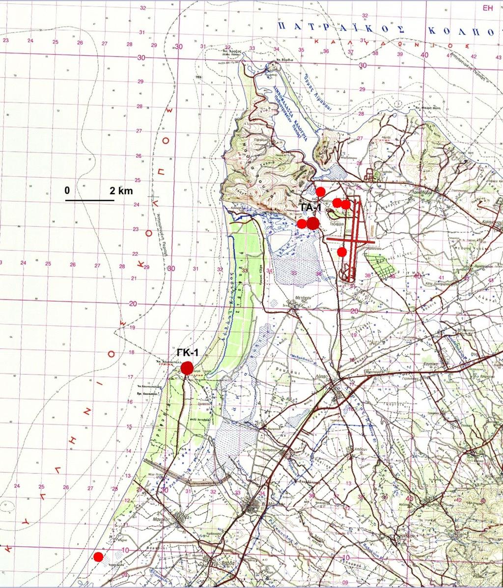 Εικόνα 8: Τοπογραφικός χάρτης των θέσεων δειγματοληψίας και γεωτρήσεων σε περιοχές Κουνουπελίου και Αράξου 5.1.