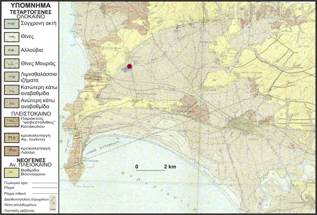 Εικόνα 35: Γεωλογικός χάρτης περιοχής Μυρτιάς με τα σημεία έρευνας Νεογενές Βαθμίδα Βούναργου: Αποτελείται από εναλλαγές αμμούχων, ιλλυούχων και αργιλούχων αποθέσεων με σπάνιους ορίζοντες