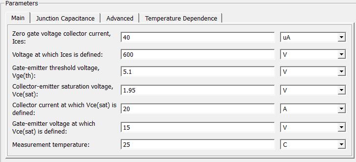 Και όπως αποδόθηκαν τα χαρακτηριστικά απο το datasheet στο IGBT μοντέλο προσομοίωσης που φαίνεται στο Σχήμα 3.7: Σχήμα 3.