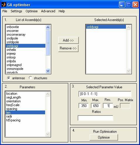 Εικόνα 33 - Το GA Input GUI του SuperNEC Για να εισαχθεί μία διάταξη (assembly) στο μοντέλο βελτιστοποίησης, επιλέγεται από την αριστερή λίστα και πατιέται το κουμπί ADD.