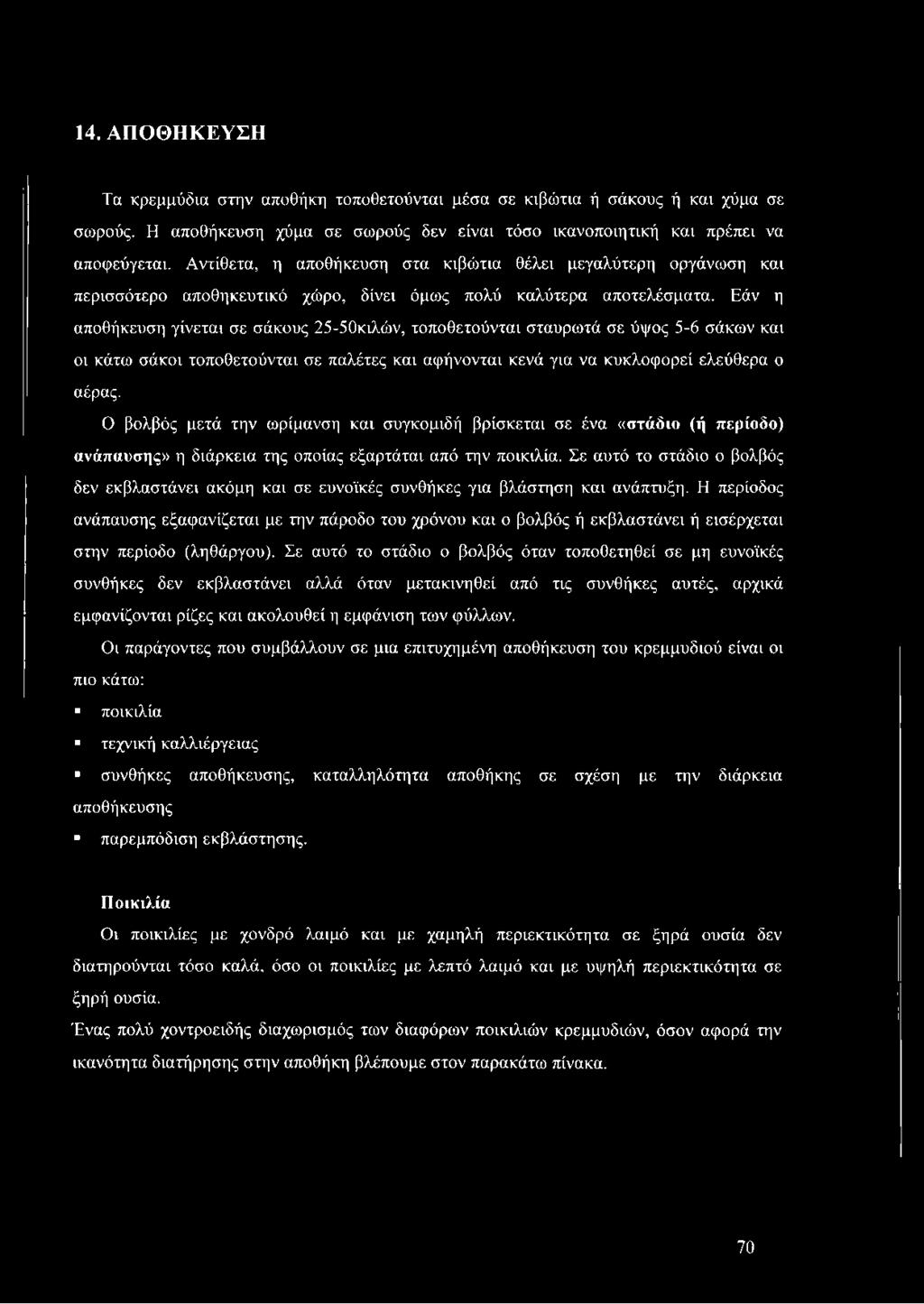 Εάν η αποθήκευση γίνεται σε σάκους 25-50κιλών, τοποθετούνται σταυρωτά σε ύψος 5-6 σάκων και οι κάτω σάκοι τοποθετούνται σε παλέτες και αφήνονται κενά για να κυκλοφορεί ελεύθερα ο αέρας.