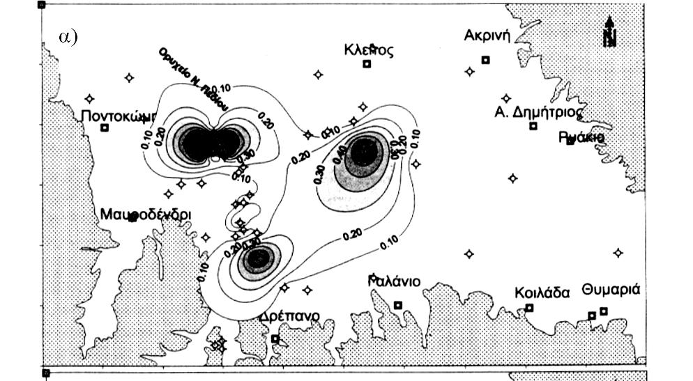 5. ΠΟΣΟΤΙΚΕΣ ΚΑΙ ΠΟΙΟΤΙΚΕΣ ΕΠΙΠΤΩΣΕΙΣ ΕΠΙΦΑΝΕΙΑΚΩΝ ΚΑΙ ΥΠΟΓΕΙΩΝ ΥΔΑΤΩΝ 101 Σχήμα 5.9 α) Κατανομή ίσων συγκεντρώσεων σε νιτρώδη NO 2 β) Κατανομή ίσων συγκεντρώσεων σε αμμωνιακά NΗ 4.