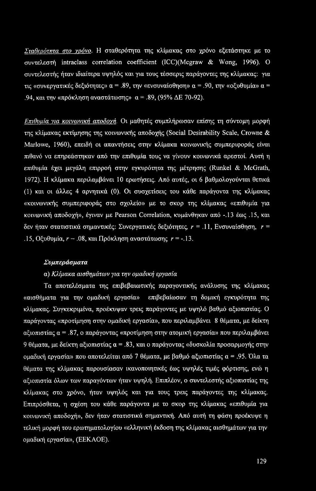 Σταθερότητα στο γοόνο. Η σταθερότητα της κλίμακας στο χρόνο εξετάστηκε με το συντελεστή intraclass correlation coefficient (ICC)(Mcgraw & Wong, 1996).