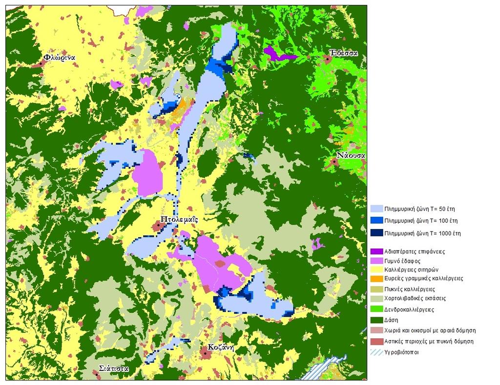 Εικόνα 4.29 : Χάρτης πλημμυρικής κατάκλυσης Λεκάνη απορροής λίμνης Βεγορίτιδας Λίμνη Βεγορίτιδα Η στάθμη της λίμνης Βεγορίτιδας αυξάνεται για Τ=50, 2.2 m, για Τ=100, 2.