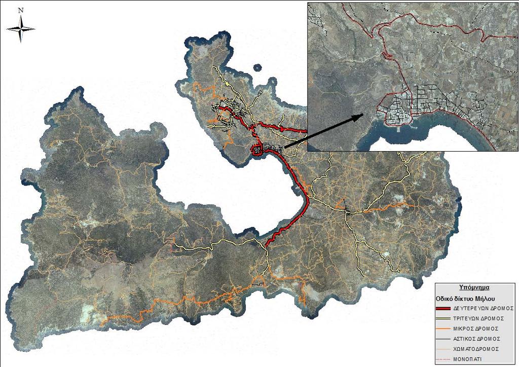 Χάρτης 5.14 Αποτύπωση του οδικού δικτύου της νήσου Μήλος 5.2.6.2 Δεδομένα Οικισμών Με χαρτογραφικό υπόβαθρο το μωσαϊκό των ορθοφωτοχαρτών του Κτηματολογίου ψηφιοποιούνται οι οικισμοί της Μήλου.