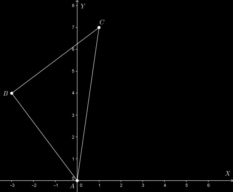 Koordinatni sistem 1. Zadat je trougao ΔABC tačkama A(0, 0), B( 3, 4), C(1, 7). Dokazati da je trougao pravougli. Izračunati obim i površinu tog trougla na jednu decimalu.