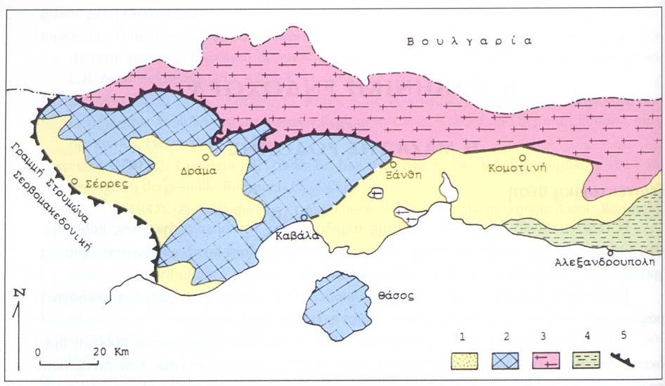 Σχ. 2. Τεκτονικό σκαρίφημα της Μάζας της Ροδόπης με τις δύο ενότητες (Μουντράκης, 2010).