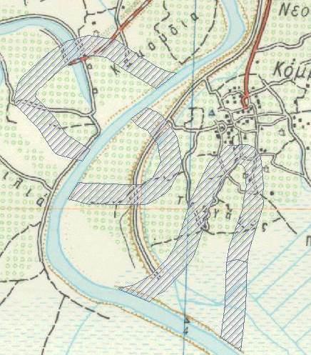 Εικόνα 5-15 Τμήματα του ποταμού Άραχθου που έχουν εξαφανιστεί (διαγραμμισμένα) Ο χάρτης αποκαλύπτει τις σχέσεις μεταξύ των γεωγραφικών οντοτήτων, οι οποίες και εξηγούν τις μεταβολές τους.
