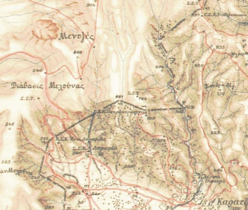 μηκών το μεσημβρινό του Greenwich. Απεικονίζει πλούσια γεωγραφική πληροφορία μεταξύ άλλων και τους ελληνικούς και οθωμανικούς μεθοριακούς σταθμούς του συνόρου του 1881.