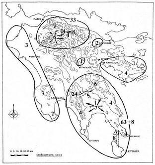 Εικόνα 4.9: Κέντρα ενδημισμού της Πελοποννήσου(Ιατρού 1986). Στην περιοχή μελέτης βρέθηκαν κατά την παρούσα εργασία 15 βαλκανικά ενδημικά είδη και 64 ελληνικά ενδημικά (Πίνακας 4.