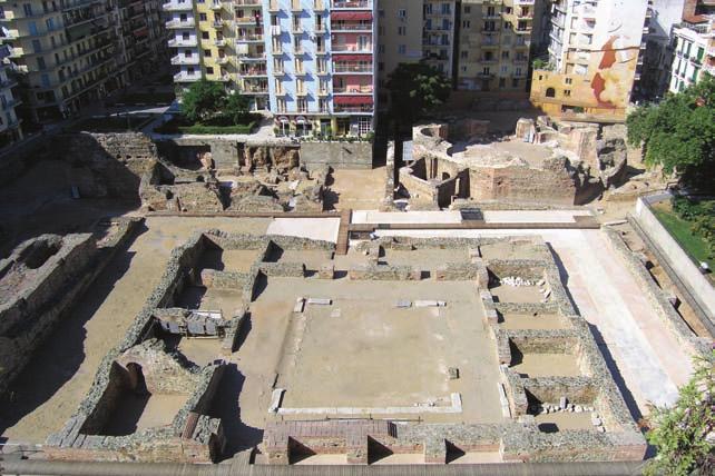 The central core of the excavated section of the palace, located in the Navarino Square archaeological site, consists of a peristyle courtyard surrounded on the western, southern and eastern sides by