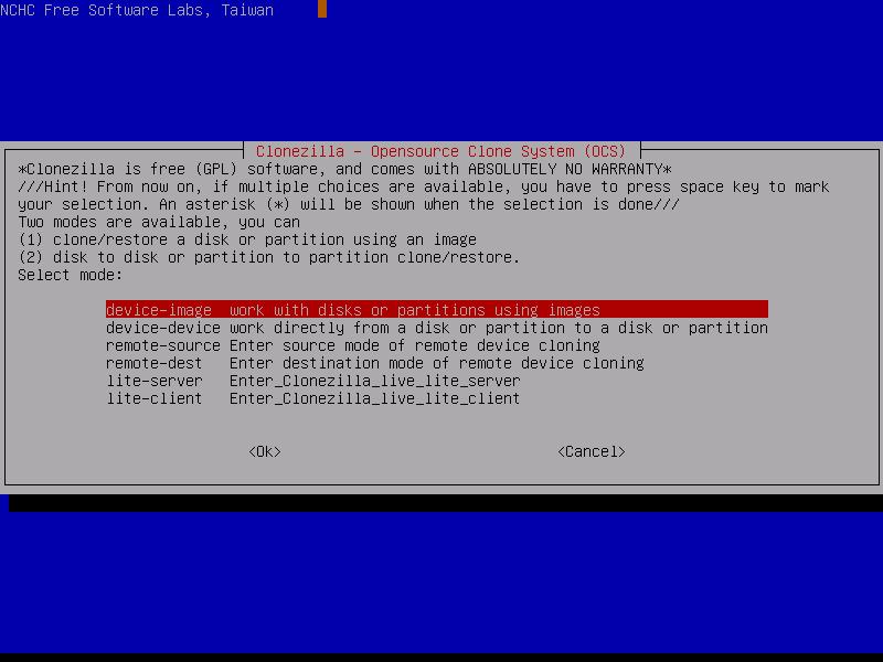 CloneZilla Οθόνη επιλογής ενέργειας, πχ η επιλογή device-image αντιστοιχεί