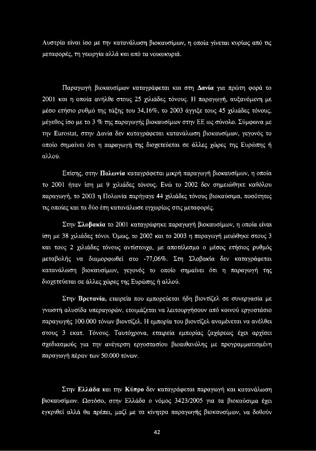 Η παραγωγή, αυξανόμενη με μέσο ετήσιο ρυθμό της τάξης του 34,16%, το 2003 άγγιξε τους 45 χιλιάδες τόνους, μέγεθος ίσο με το 3 % της παραγωγής βιοκαυσίμων στην ΕΕ ως σύνολο.