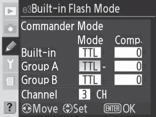 Για να χρησιμοποιήσετε προαιρετικά φλας Speedlight στη λειτουργία χειριστηρίου, επιλέξτε Commander Mode [Λειτουργία Φλας MASTER] για την ειδική ρύθμιση e3 και ακολουθήστε τα παρακάτω βήματα.