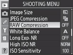 Το μενού συμπίεσης RAW Για τις εικόνες NEF (RAW) διατίθενται οι παρακάτω επιλογές: Λειτουργία NEF (RAW) (προεπιλογή Comp. NEF (RAW) Οι εικόνες NEF δεν συμπιέζονται.