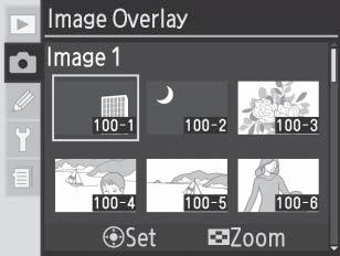 Επικάλυψη εικόνας και πολλαπλή έκθεση Οι παρακάτω επιλογές διατίθενται για συνδυασμό πολλών στάσεων σε ένα καρέ: Image overlay [Επικάλυψη εικόνας]: δύο υπάρχουσες φωτογραφίες RAW συνδυάζονται για να
