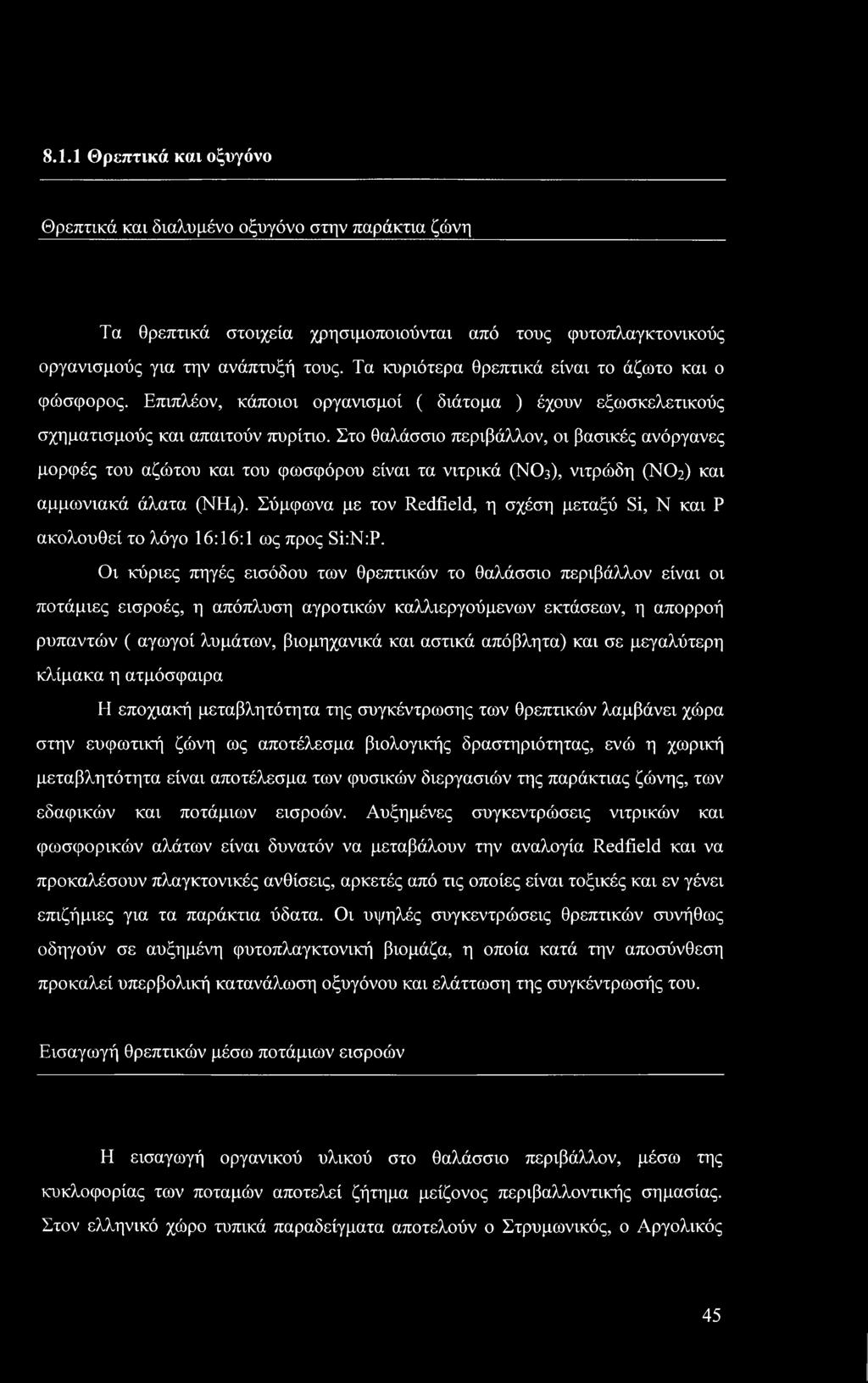 Στο θαλάσσιο περιβάλλον, οι βασικές ανόργανες μορφές του αζώτου και του φωσφόρου είναι τα νιτρικά (ΝΟ3), νιτρώδη (ΝΟ2) και αμμωνιακά άλατα (ΝΗ4).