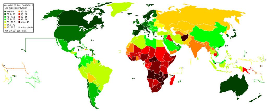 Εικόνα 1.1 Το προσδόκιμο ζωής στον πλανήτη (United Nations 2007).