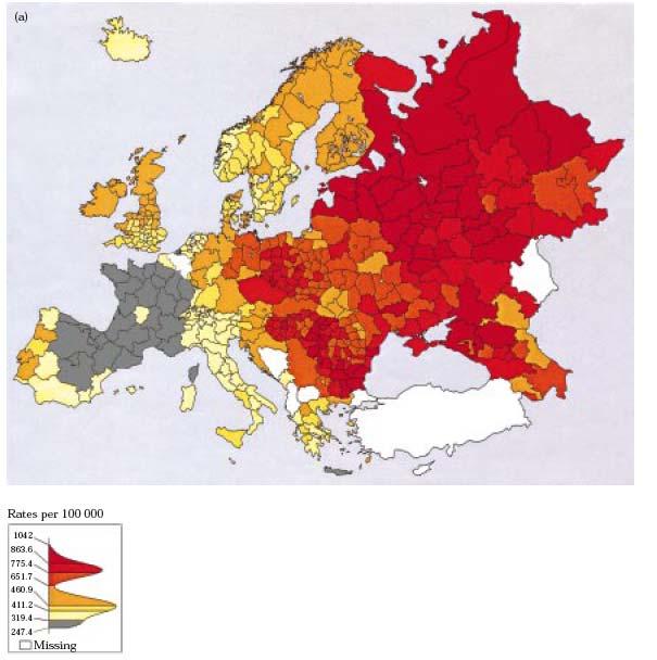 Εικόνα 1.7 Ποσοστά θνησιμότητας ανδρών ηλικίας 0-64 ετών για καρδιαγγειακά νοσήματα (ICD390-459) στην Ευρώπη το 1990-91. Οι τιμές είναι προσαρμοσμένες για την ηλικία (Sans S et al 1997).