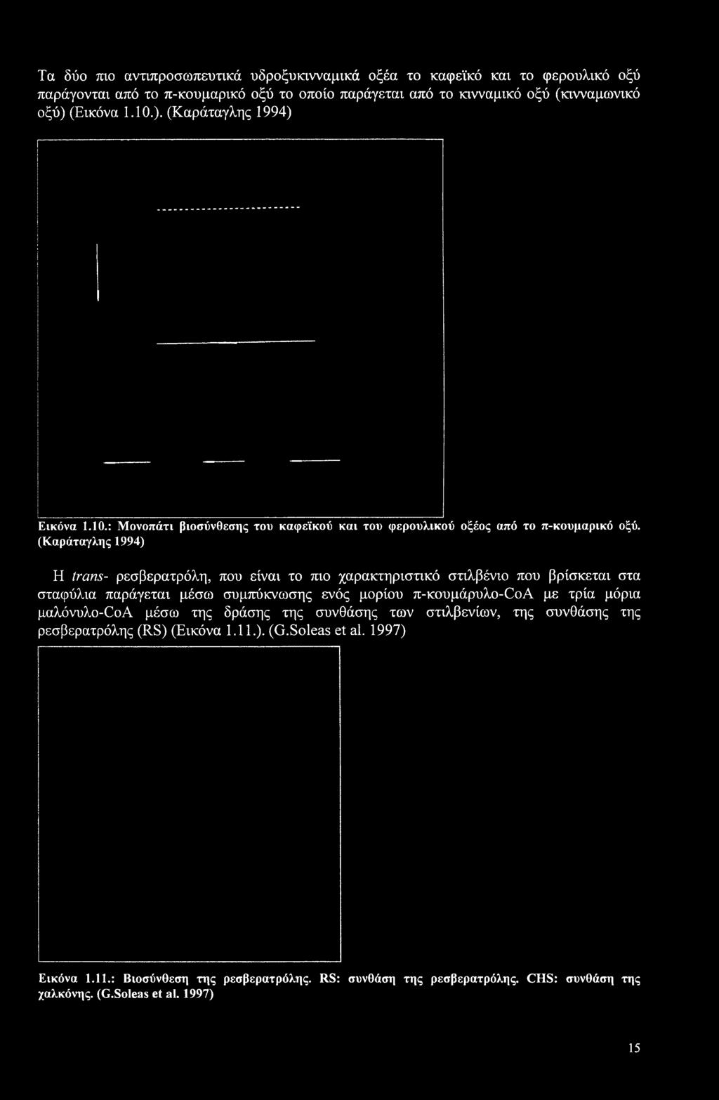 (Καράταγλης 1994) Η trans- ρεσβερατρόλη, που είναι το πιο χαρακτηριστικό στιλβένιο που βρίσκεται στα σταφύλια παράγεται μέσω συμπύκνωσης ενός μορίου π-κουμάρυλο-coa με τρία μόρια